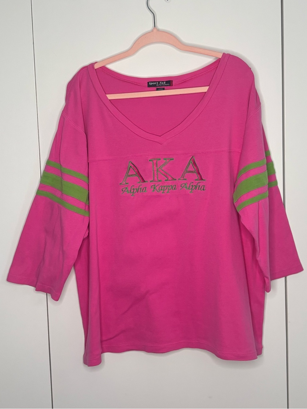 Pink embroidered AKA Alpha Kappa Alpha V-Neck Top with Green Stripes - Size XL
